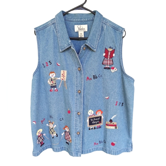 CJ Banks Tops - Denim Cotton "Kid" Embroidered Sleeveless Button-Up Shirt